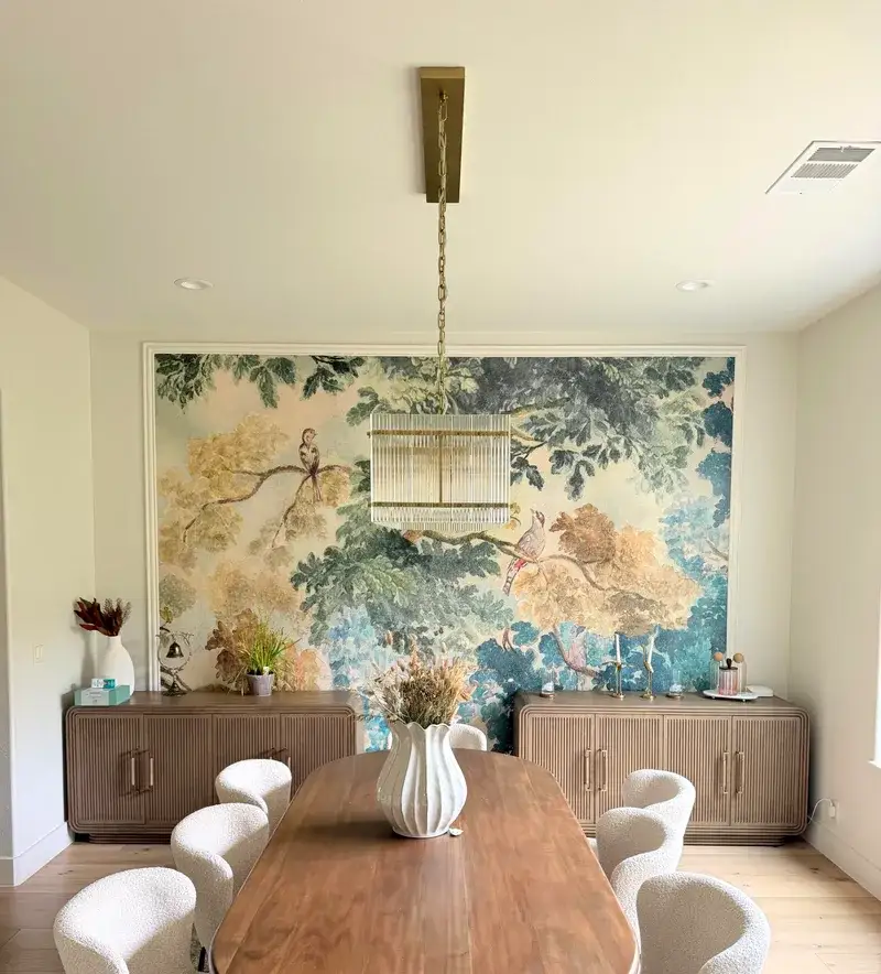 Dining room with custom mural accent wall and full room repaint by V&S Painting, Austin TX